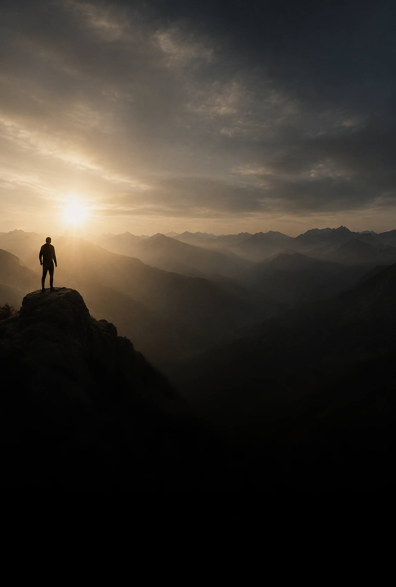 A lone figure on a rocky summit watching sunrise over layered mountain ranges